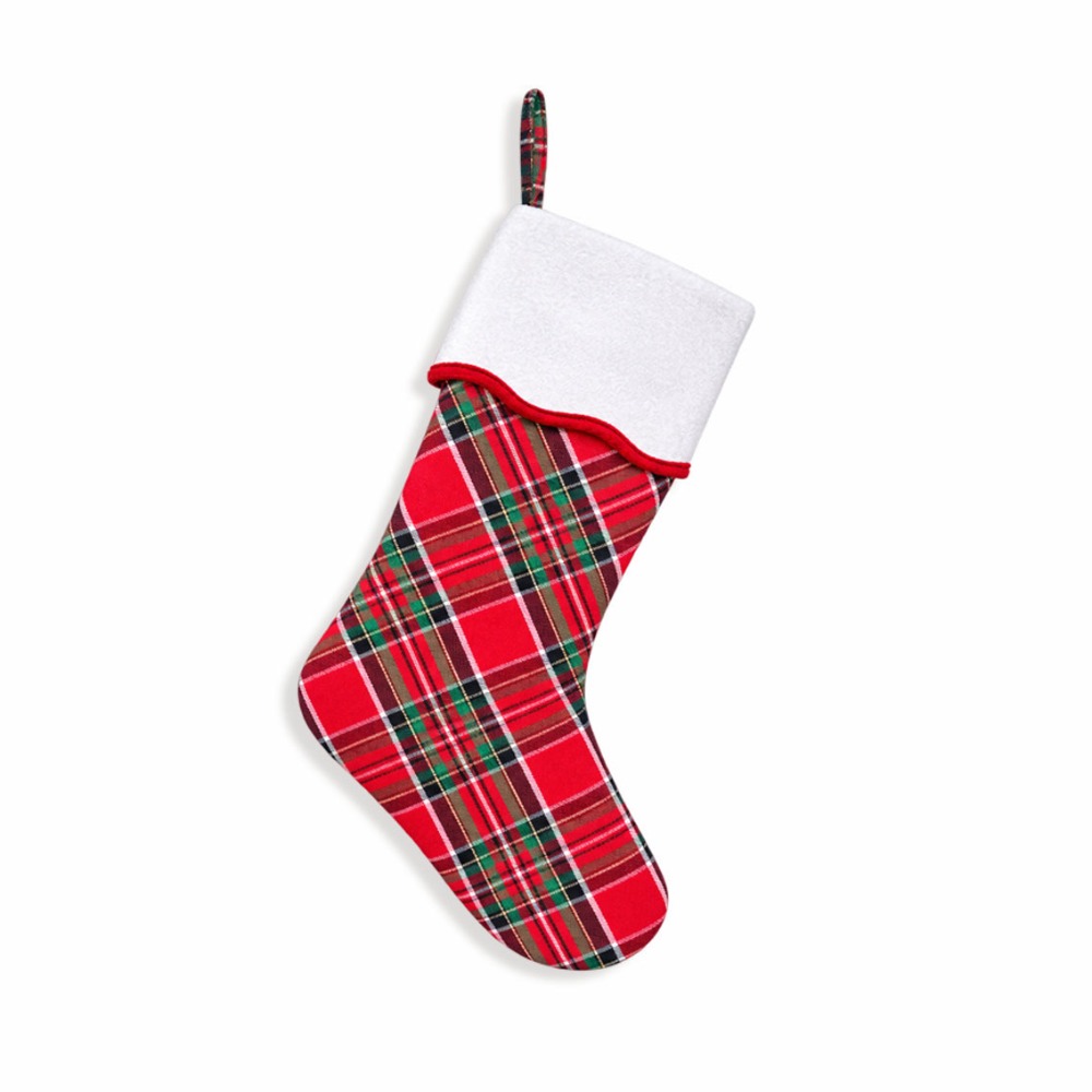 Christmas Stocking Hanging - Plaid Christmas Stocking with Bow Padded