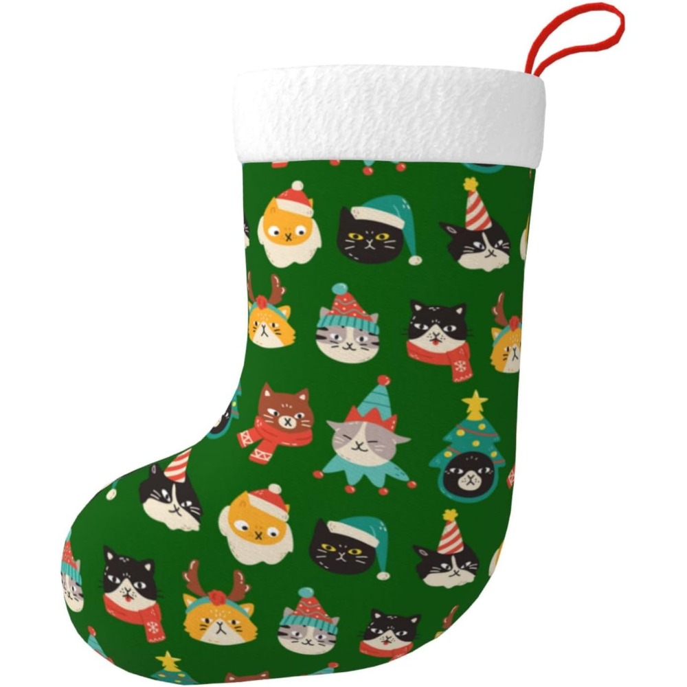 Christmas Stocking Hanging - Cute Cats Green Christmas Stockings Fireplace